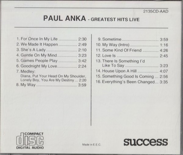 Paul Anka: Greatest Hits - Live CD (Käyt)