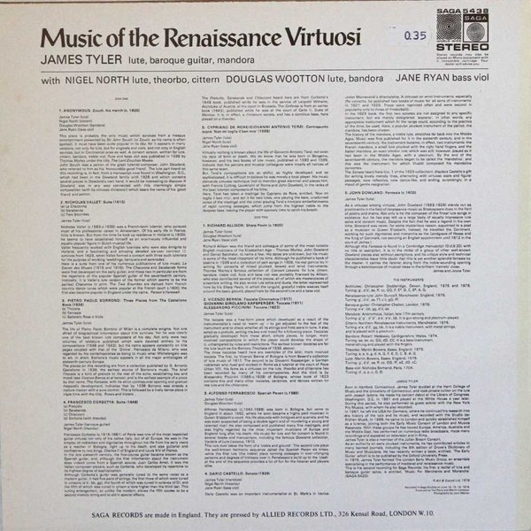 James Tyler : Music of the Renaissance Virtuosi LP (Käyt)