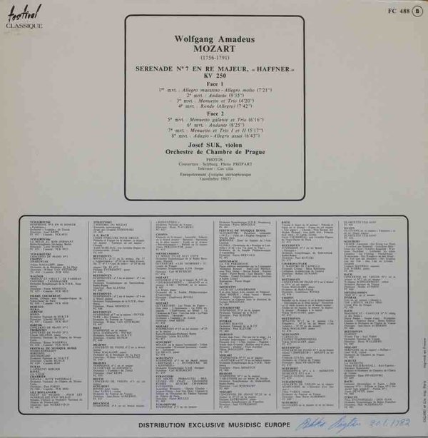 Mozart /Josef Suk : Serenade N° 7 En Re Majeur / KV 250 "Haffner" LP (Käyt)