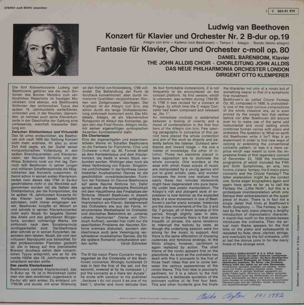 Beethoven / Barenboim / Klemperer : 2. Klavierkonzert / Chor-Fantasie C-Moll Op. 80 (Käyt. LP)