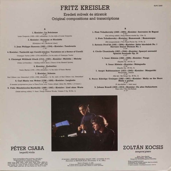 Fritz Kreisler, Péter Csaba, Zoltán Kocsis : In The Style Of...Fritz Kreisler LP (Käyt)