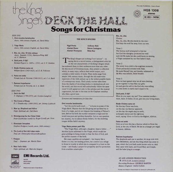 King's Singers : Deck the Hall - Songs for Christmas LP (Käyt)