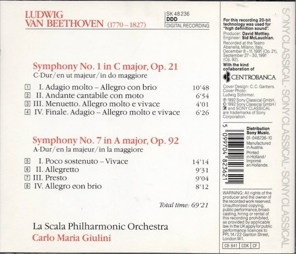 Beethoven / Carlo Maria Giulini : Beethoven Symphonies 1 & 7 (Käyt. CD)