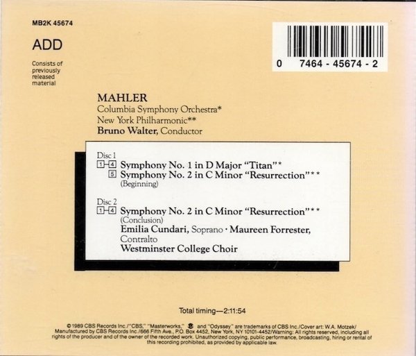 Mahler / Columbia Symphony Orchestra / Bruno Walter : Symphonies 1 & 2 (Käyt. 2CD)
