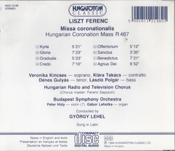 Liszt / Lehel: Hungarian Coronation Mass CD (Käyt)