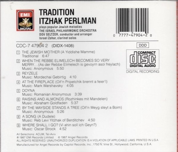 Itzhak Perlman: Tradition - Itzhak Perlman Plays Popular Jewish Melodies CD (Käyt)