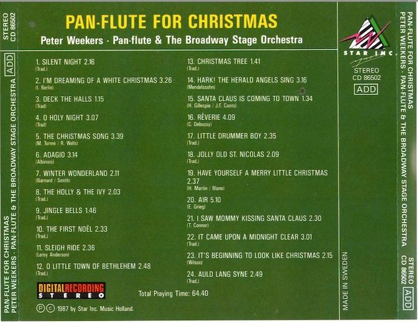 Peter Weekers / Pan Flute& The Broadway Stage Orchestra: Pan Flute For Christmas CD (Käyt)