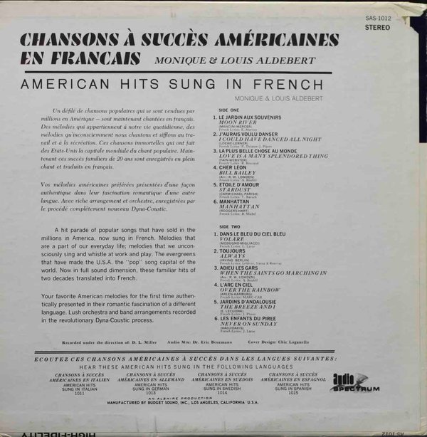 Monique & Louis Aldebert: Chansons À Succès Américaines En Français LP (Käyt)