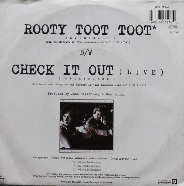 John Cougar Mellencamp: Rooty Toot Toot / Check It Out 7" (Käyt)