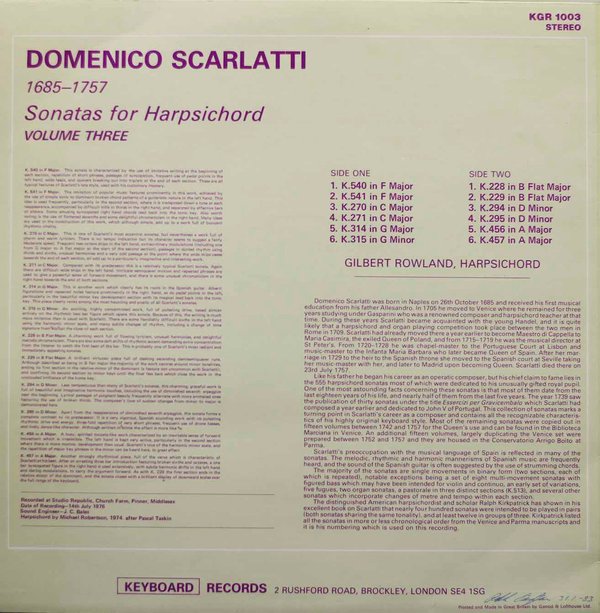 Gilbert Rowland / Domenico Scarlatti: Sonatas For Harpsichord, Vol. 3 (Käyt. LP)