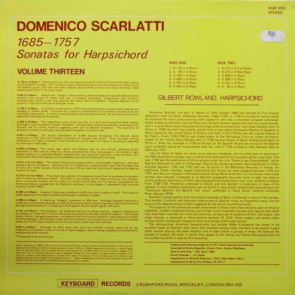 Domenico Scarlatti / Gilbert Rowland: Sonatas For Harpsichord Volume Thirteen LP (Käyt)