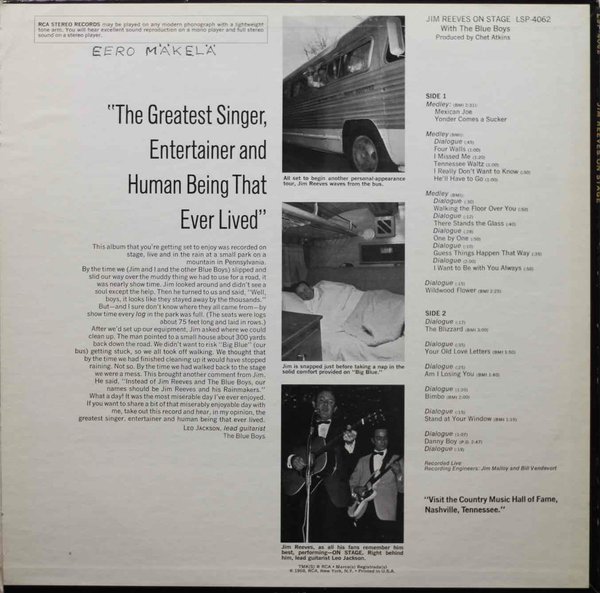 Jim Reeves With The Blue Boys: Jim Reeves On Stage LP (Käyt)